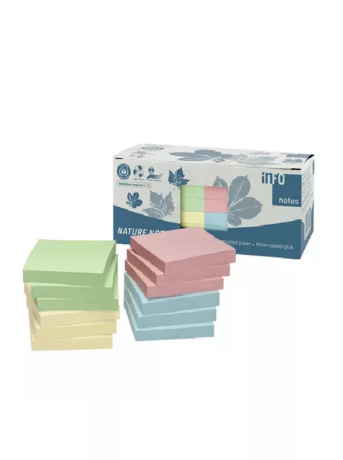 Jegyzettömb öntapadó, 75x75mm, 12x100lap, újrahasznosított Info Notes, sárga, zöld, kék, rózsaszín