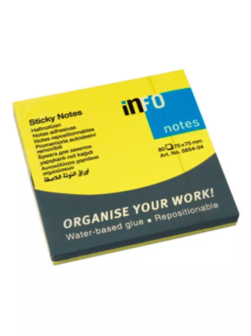 Jegyzettömb öntapadó, 75x75mm, 80lap, Info Notes brilliant sárga