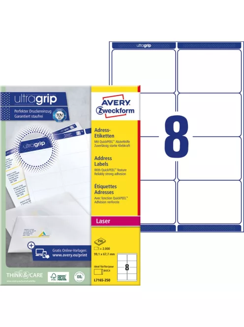 Etikett csomag címke 99,1 x67,7mm öntapadó 8 címke/ív 250 ív/doboz Avery fehér