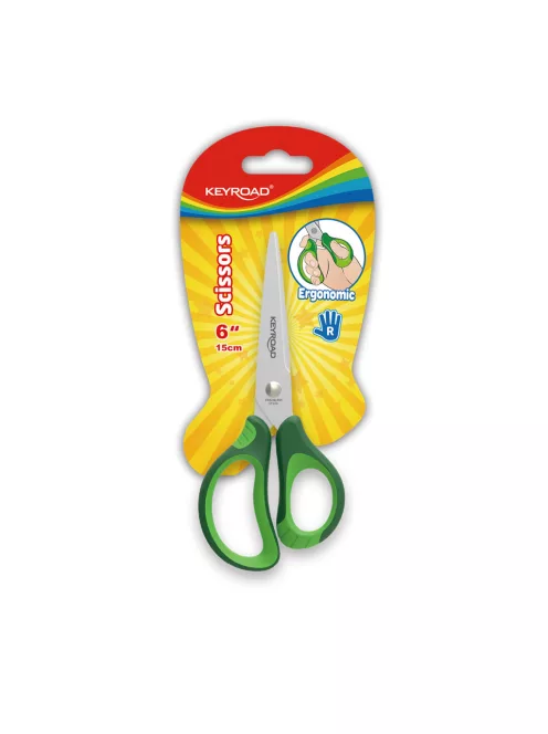 Olló, 15 cm, hegyes, 1 db/bliszter, Keyroad Soft Grip, vegyes színek