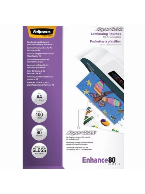 Lamináló fólia, A4, 80 mikron, fényes, 100 db/doboz, SuperQuick Fellowes®
