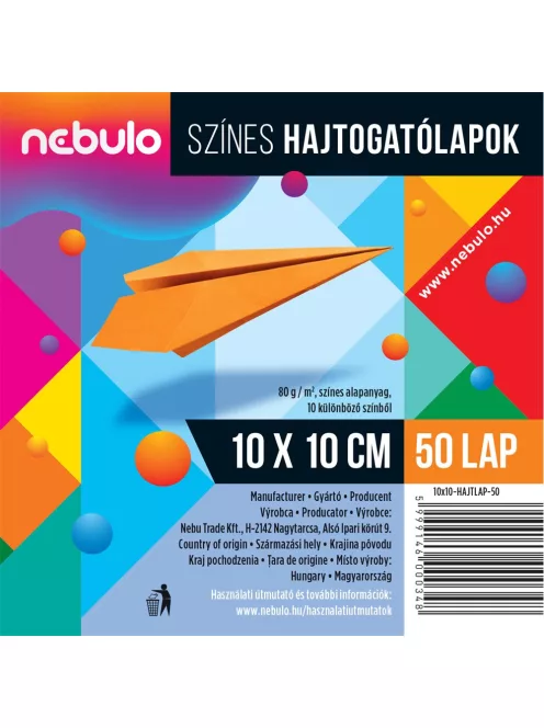 Hajtogatólapok színes 10x10 cm, vegyes színek, 50 lap/csomag, Nebulo