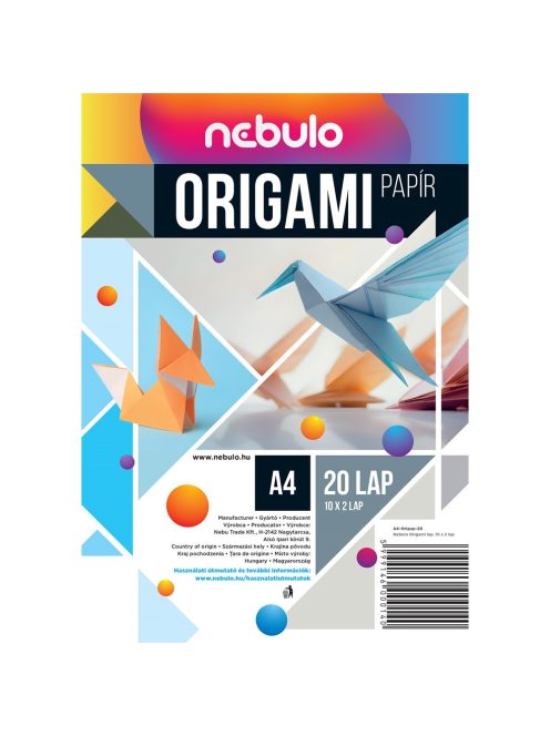 Origami papír A4, vegyes színek, 20 lap/csomag, Nebulo
