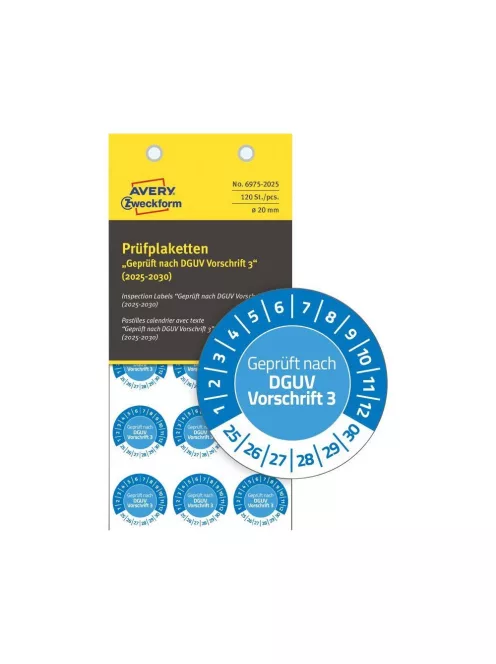 Etikett címke o20mm időjárásálló öntapadó plakett 2025-2030 15 címke/lap 8 ív/csomag Avery kék