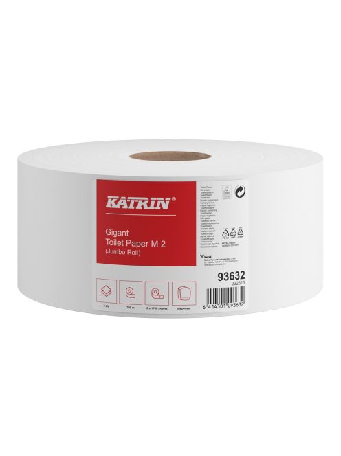 Toalettpapír 2 rétegű közületi átmérő: 24 cm 1740 lap/200 m/tekercs 6 tekercs/csomag Katrin Jumbo_93632 fehér