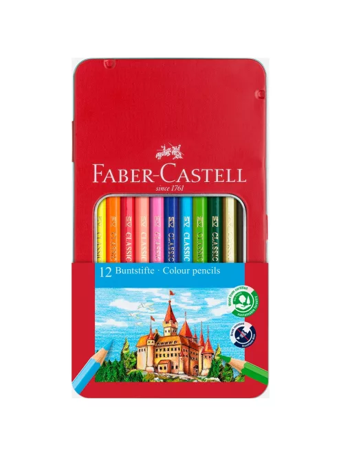 Színes ceruza készlet hatszögletű kastélyos fém dobozban Faber-Castell 12klf. szín