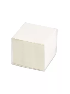   Kockatömb 8x8x6,5cm, ragasztás nélküli, transzparens tartóban 80% fehérség Bluering® fehér