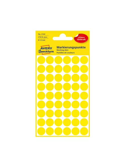 Etikett címke, o12mm, jelölésre, 54 címke/ív, 5 ív/doboz, Avery sárga