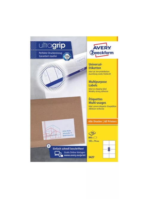 Etikett címke, 105 x74mm, univerzális, 8 címke/ív, 100 ív/doboz, Avery fehér