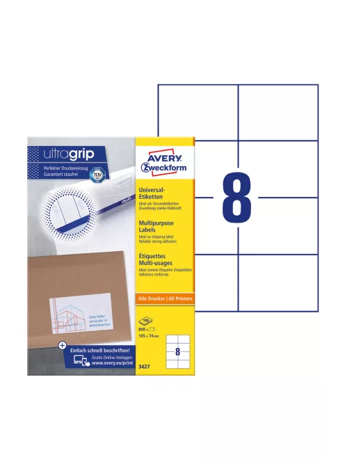 Etikett címke, 105 x74mm, univerzális, 8 címke/ív, 100 ív/doboz, Avery fehér
