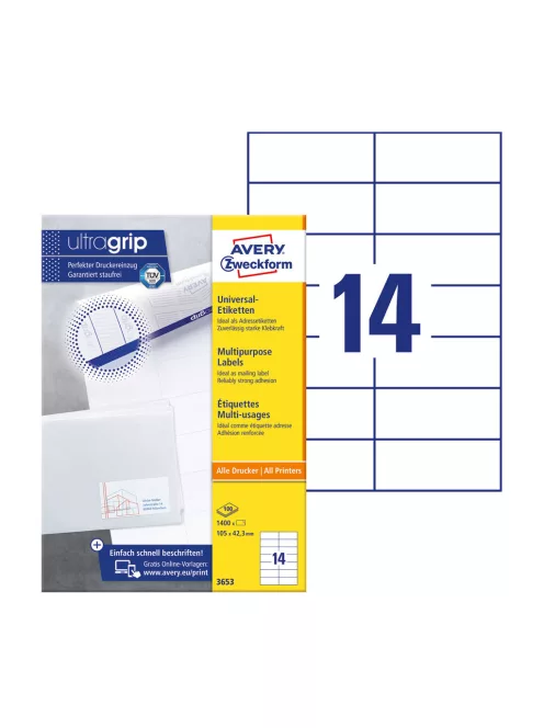 Etikett címke, 105 x42,3mm, univerzális, 14 címke/ív, 100 ív/doboz, Avery fehér