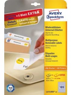   Etikett címke, 25,4 x10mm, univerzális visszaszedhető, 189 címke/ív, 25 ív/doboz, Avery fehér
