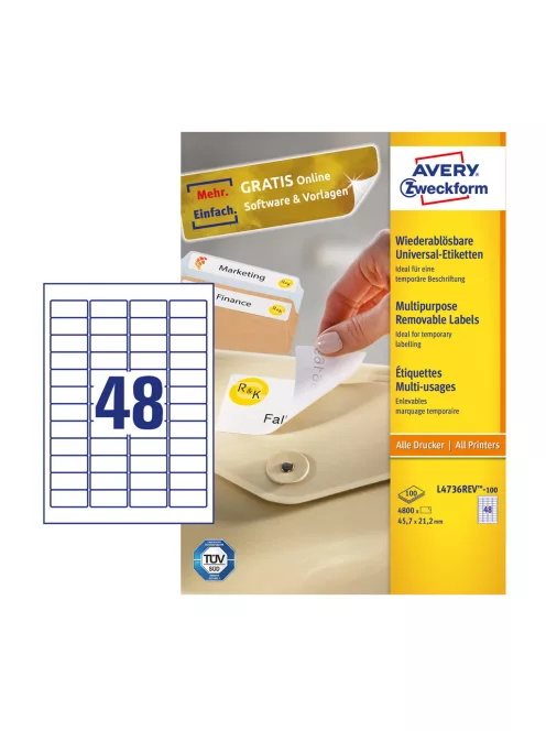 Etikett címke, 45,7 x21,2mm, univerzális visszaszedhető, 48 címke/ív, 100 ív/doboz, Avery fehér