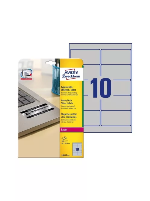Etikett címke, 96x50,8mm, 20lap 10 címke/lap ipari ezüst poliészter Avery