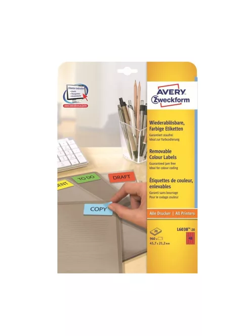 Etikett címke, 45,7 x21,2mm, univerzális visszaszedhető, 48 címke/ív, 20 ív/doboz, Avery piros