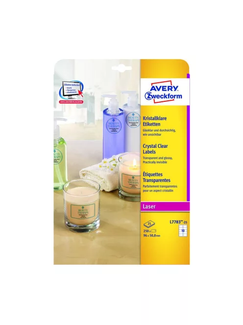 Etikett címke, 96 x50,8mm,víztiszta, 10 címke/ív, 25 ív/doboz, Avery átlátszó